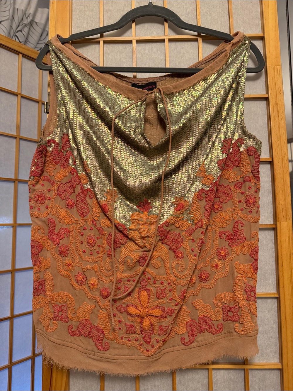 Anthropologie,Embellished Metallic & Embroidered Brown and gold Tank Top